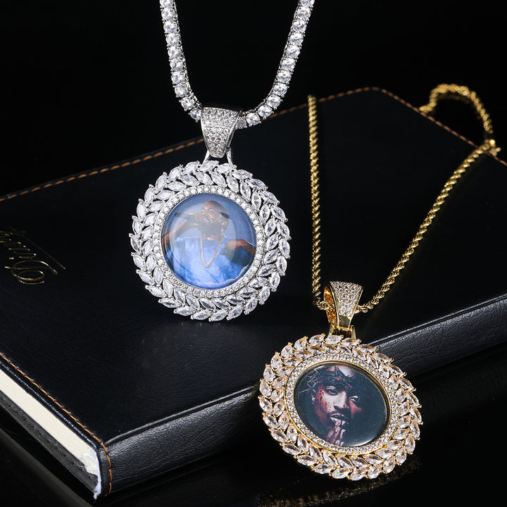 0730-Custom08 3D ZIRCON DIAMOND CIRCLE CUSTOM PICTURE PENDANT WITH 24 INCH 3MM ROPE CHAIN