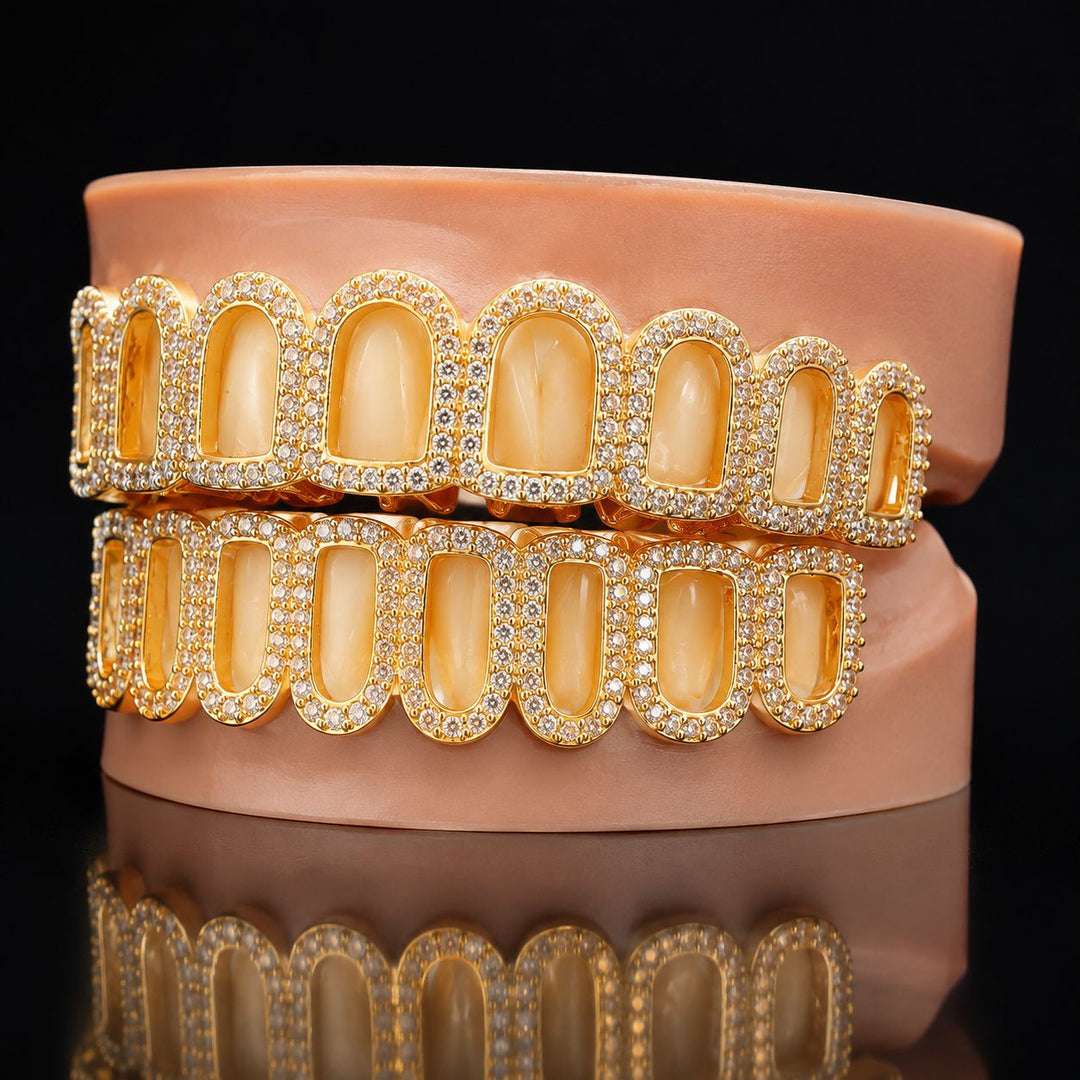 T005 S925 Sterling Silver Moissanite Grillz Gold Plated Iced Out Hollow Grillz
