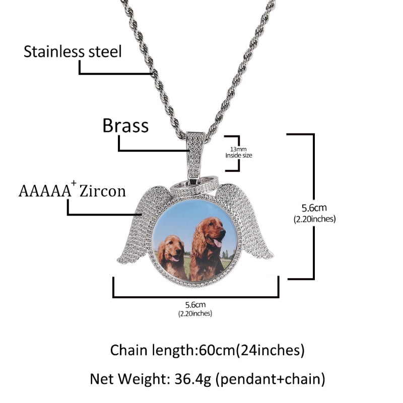 3D ZIRCON DIAMOND CIRCLE CUSTOM PICTURE PENDANT WITH ANGEL WINGS