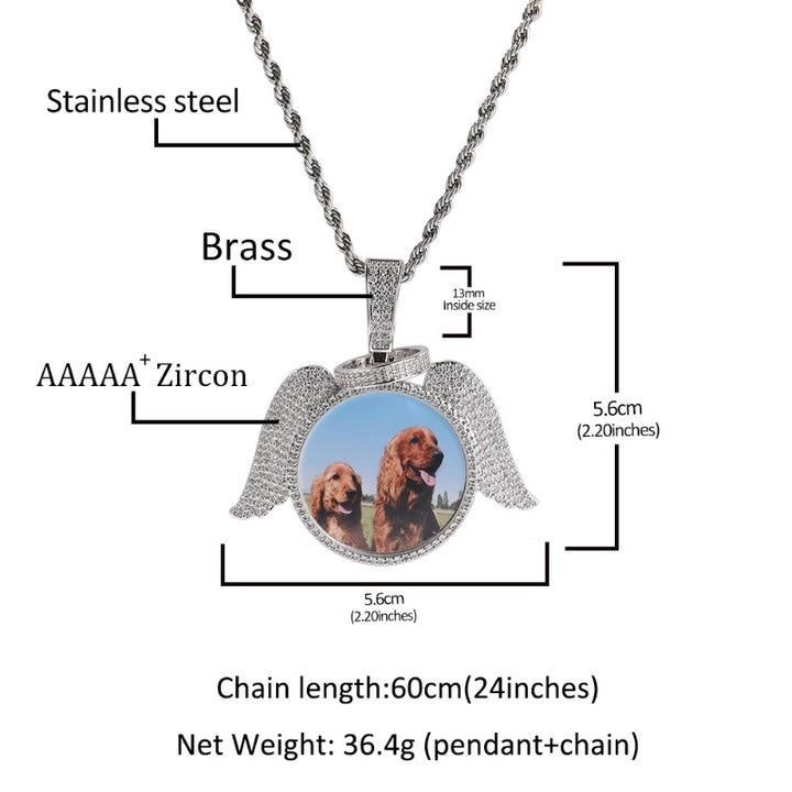 3D ZIRCON DIAMOND CIRCLE CUSTOM PICTURE PENDANT WITH ANGEL WINGS