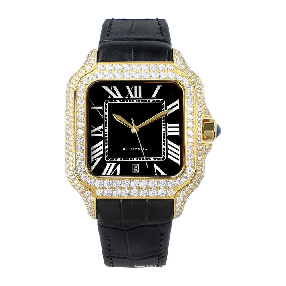 W010 40MM Iced Out Square Automatic Watch Luxury Diamond Studded Stainless Steel Case