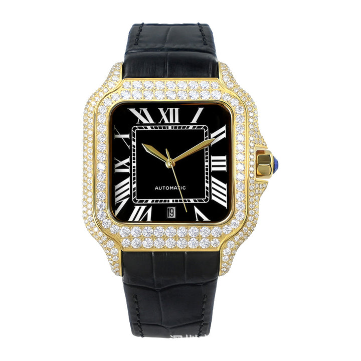 W010 40MM Iced Out Square Automatic Watch Luxury Diamond Studded Stainless Steel Case