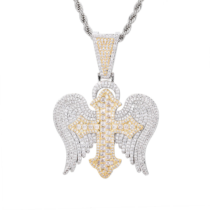0730-Pendant06 3D ZIRCON DIAMOND ANGEL WINGS PENDANT WITH 24 INCH 3MM ROPE CHAIN