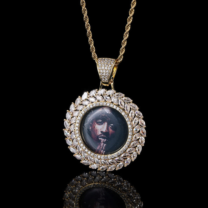 0730-Custom08 3D ZIRCON DIAMOND CIRCLE CUSTOM PICTURE PENDANT WITH 24 INCH 3MM ROPE CHAIN
