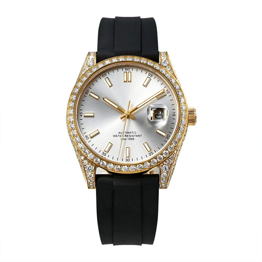 W005 40MM Luxury Automatic Watch with Diamond Bezel Stainless Steel Case &amp; Silicone Strap