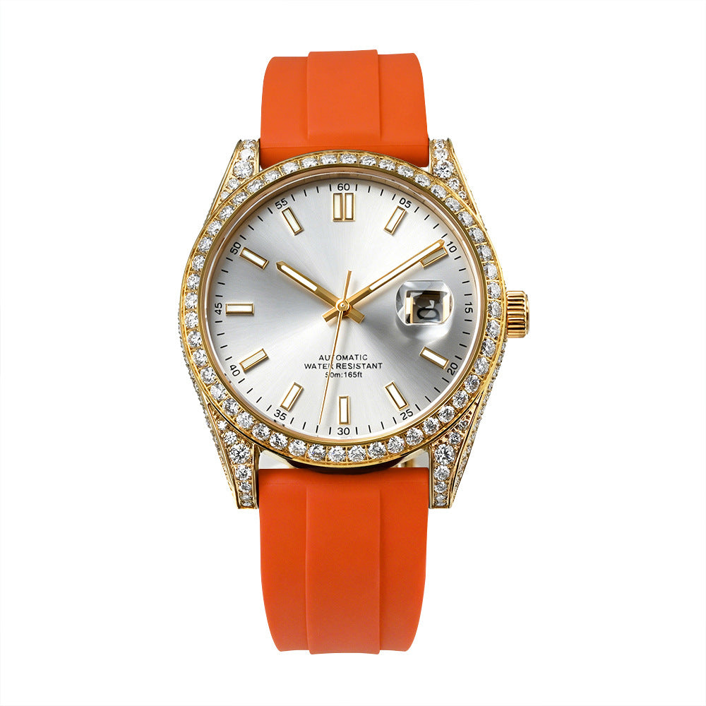 W005 40MM Luxury Automatic Watch with Diamond Bezel Stainless Steel Case &amp; Silicone Strap
