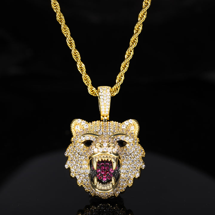 0730-Pendant05 3D ZIRCON DIAMOND BEAR PENDANT WITH ROPE CHAIN