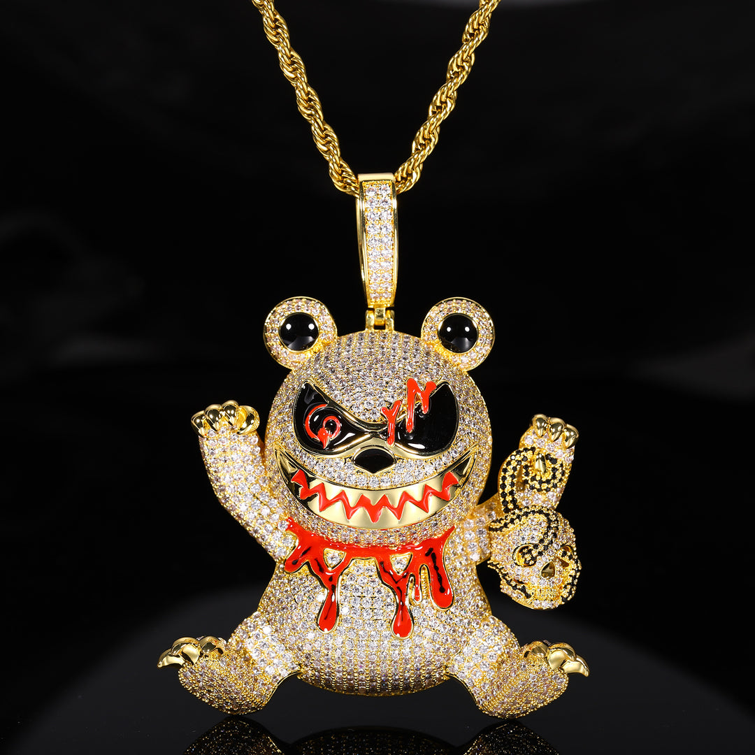 Iced Out Evil Teddy Bear Zircon Diamond Pendant Necklace with 24" Rope Chain