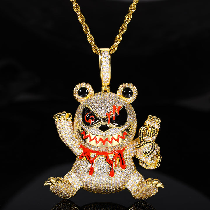 Iced Out Evil Teddy Bear Zircon Diamond Pendant Necklace with 24" Rope Chain