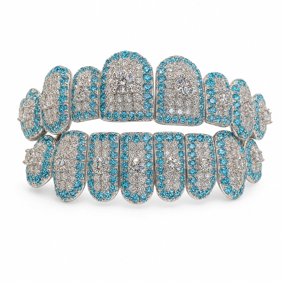 T004 S925 Silver Blue Iced Out Moissanite Grillz