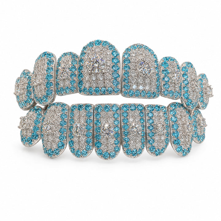 T004 S925 Silver Blue Iced Out Moissanite Grillz