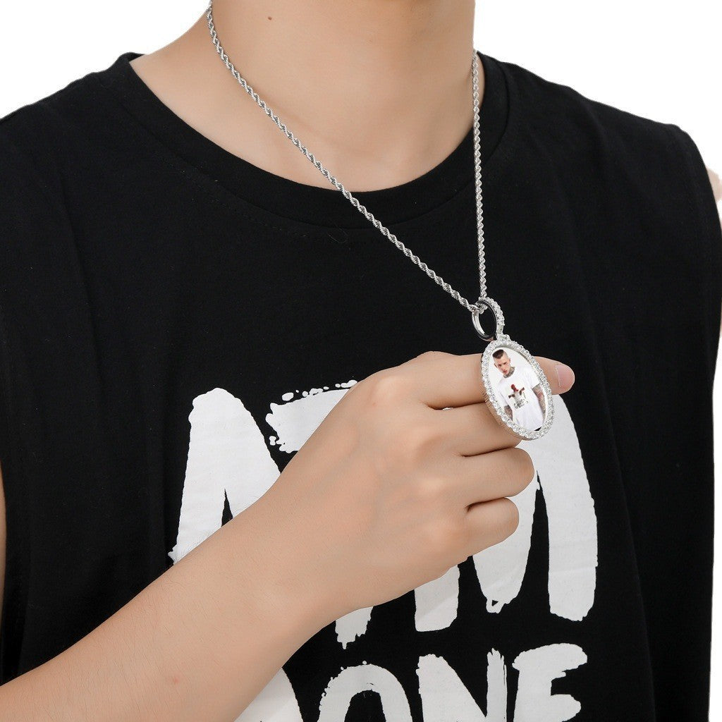 Custom CZ Iced Out Oval Photo Medallion Pendant 24" Rope Chain