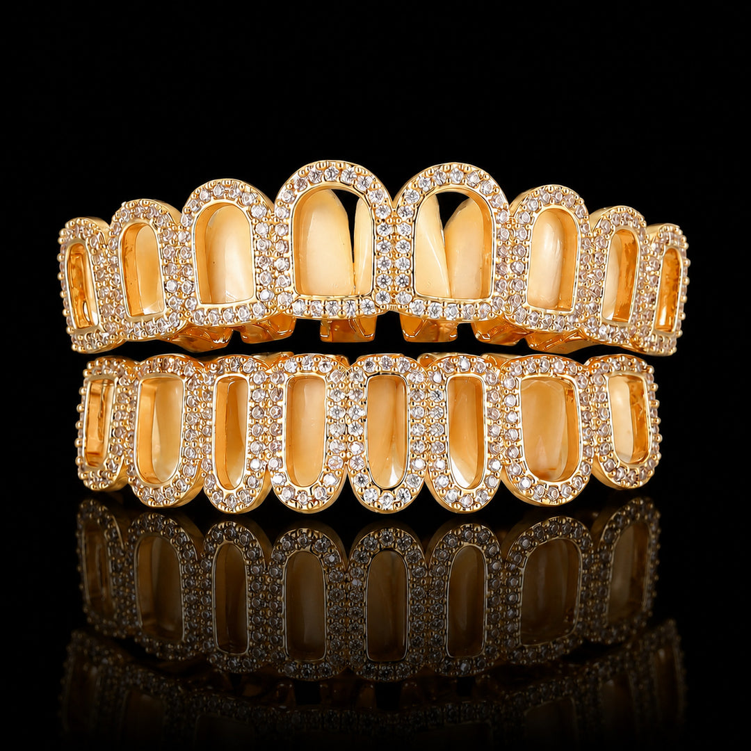 T005 S925 Sterling Silver Moissanite Grillz Gold Plated Iced Out Hollow Grillz