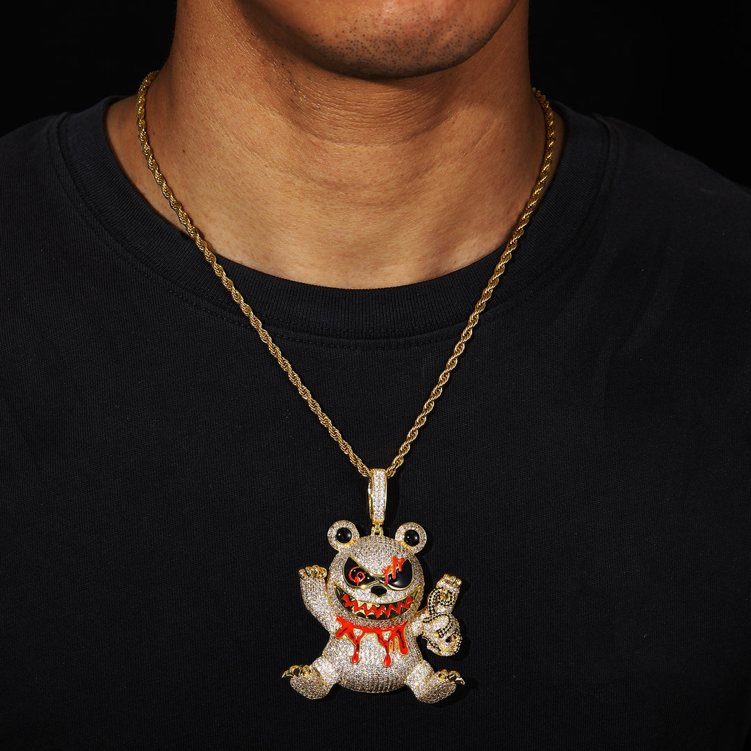 Iced Out Evil Teddy Bear Zircon Diamond Pendant Necklace with 24" Rope Chain
