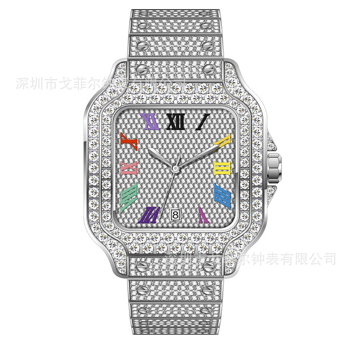 W008 40MM Moissanite Iced Out Square Watch Colorful Roman Numerals with Stainless Steel Metal Strap