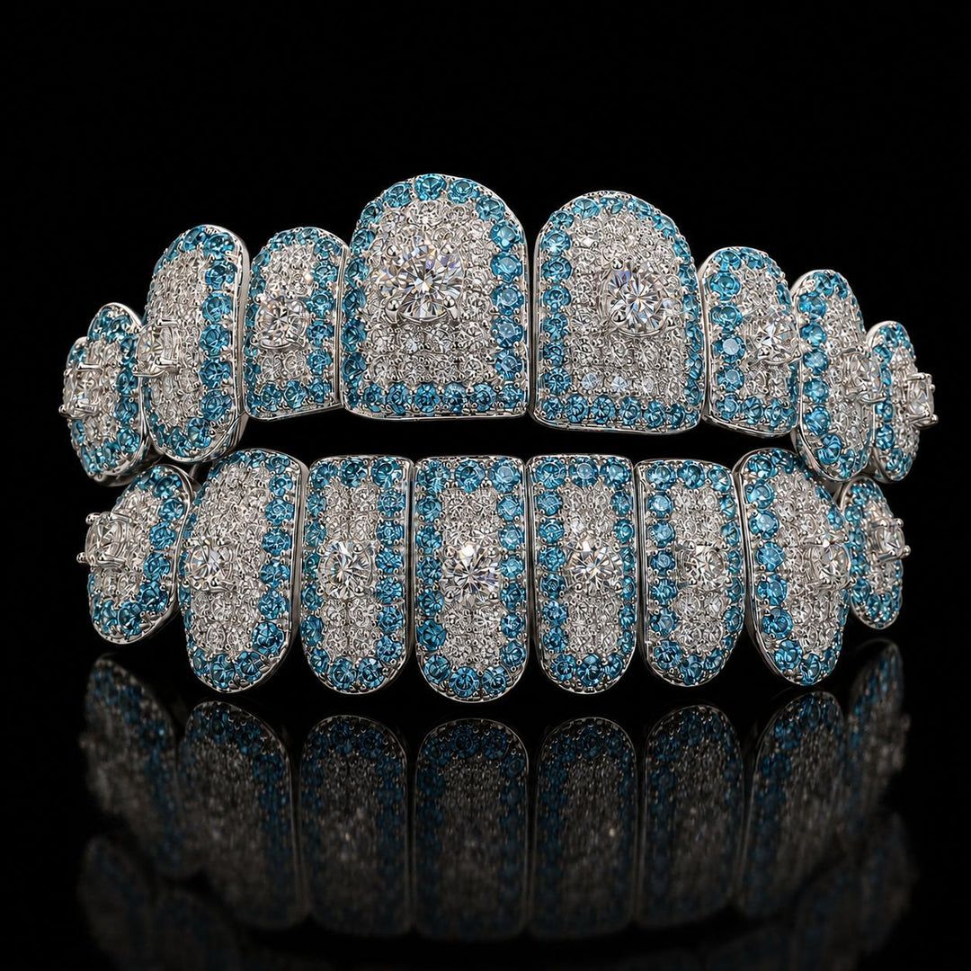 T004 S925 Silver Blue Iced Out Moissanite Grillz