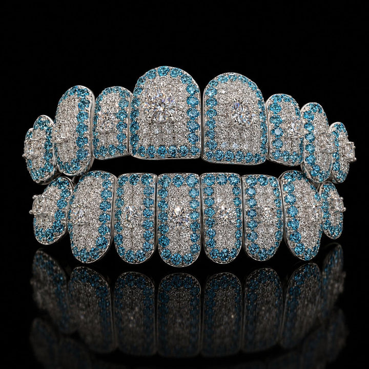 T004 S925 Silver Blue Iced Out Moissanite Grillz