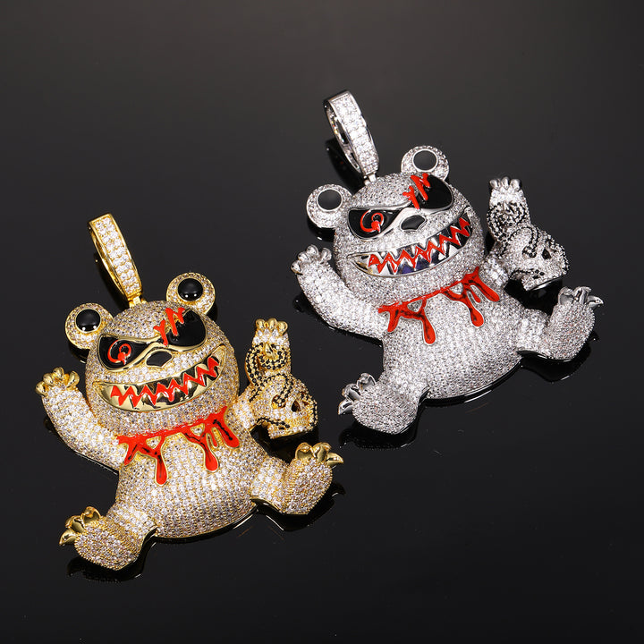 Iced Out Evil Teddy Bear Zircon Diamond Pendant Necklace with 24" Rope Chain