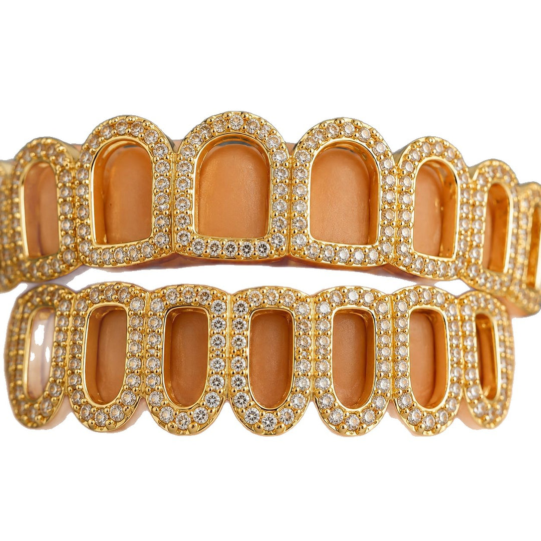 T005 S925 Sterling Silver Moissanite Grillz Gold Plated Iced Out Hollow Grillz