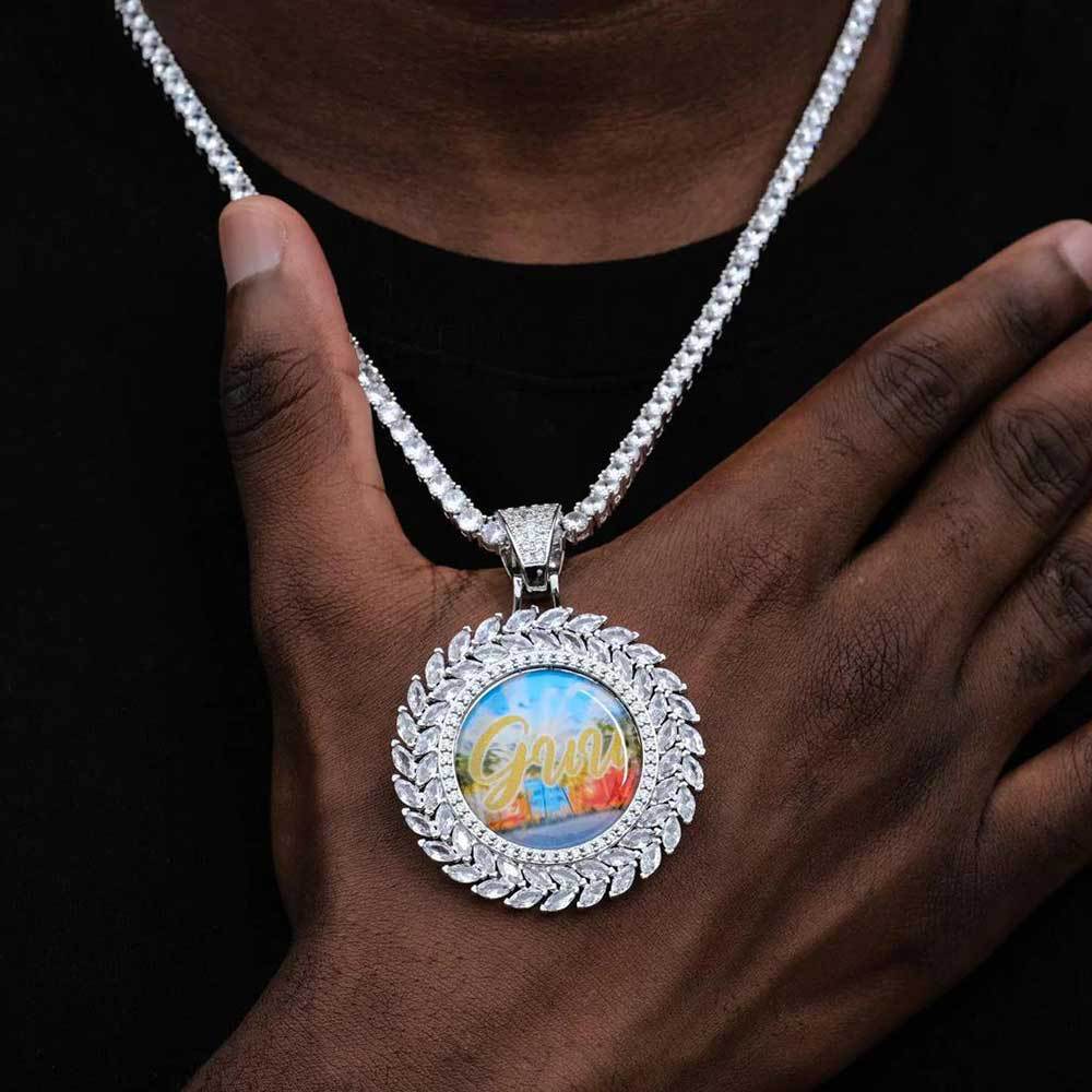 0730-Custom08 3D ZIRCON DIAMOND CIRCLE CUSTOM PICTURE PENDANT WITH 24 INCH 3MM ROPE CHAIN