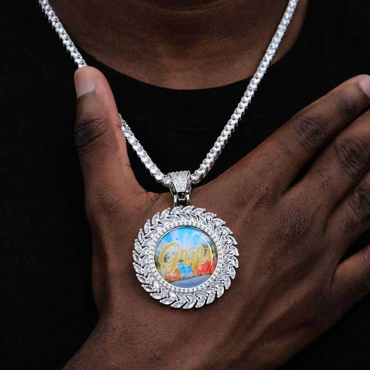 0730-Custom08 3D ZIRCON DIAMOND CIRCLE CUSTOM PICTURE PENDANT WITH 24 INCH 3MM ROPE CHAIN