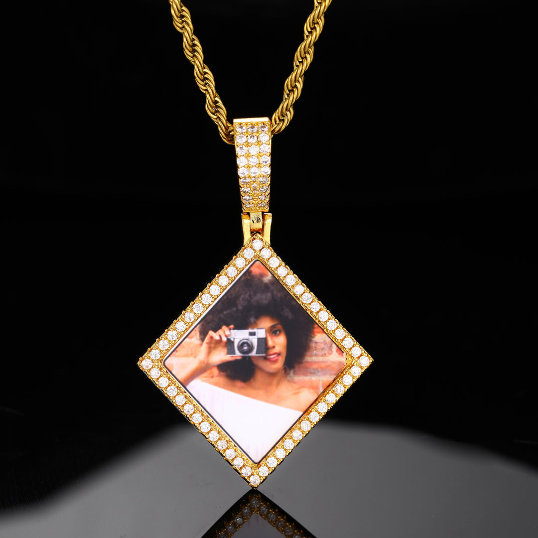 Custom Photo Zircon Diamond Shape Medallion Pendant