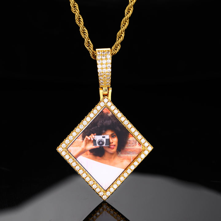 Custom Photo Zircon Diamond Shape Medallion Pendant