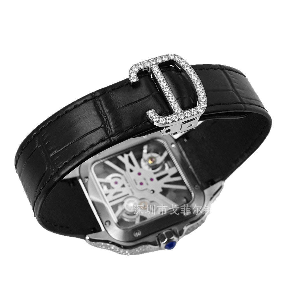 W002 40MM Moissanite Square Watch - Iced Out Pave Case Leather Strap