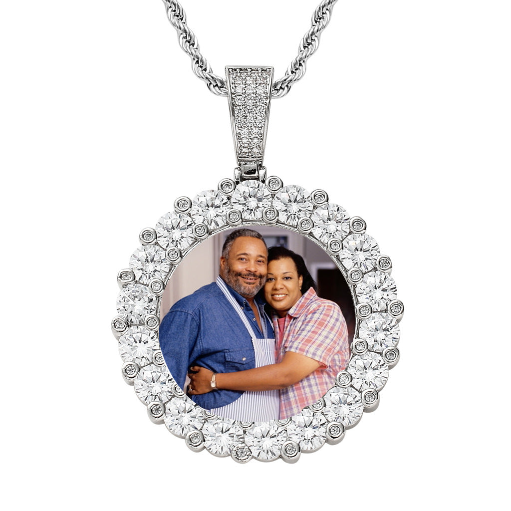 3D ZIRCON DIAMOND 14K CIRCLE CUSTOM PICTURE PENDANT