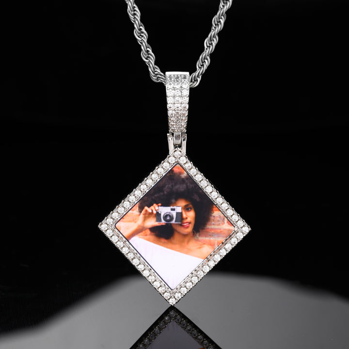 Custom Photo Zircon Diamond Shape Medallion Pendant