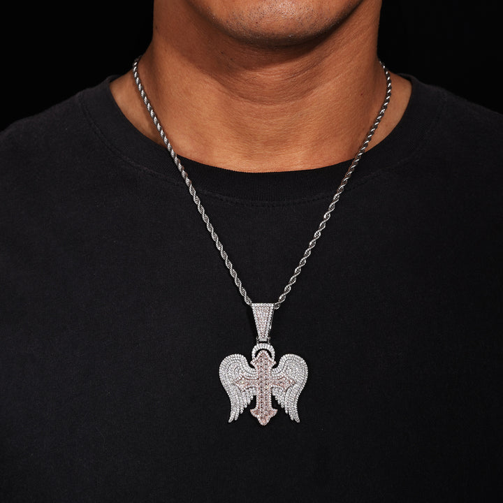 0730-Pendant06 3D ZIRCON DIAMOND ANGEL WINGS PENDANT WITH 24 INCH 3MM ROPE CHAIN