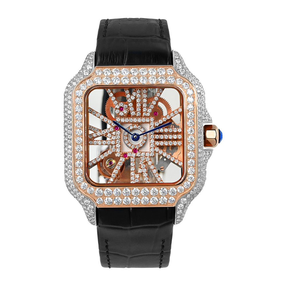 W002 40MM Moissanite Square Watch - Iced Out Pave Case Leather Strap