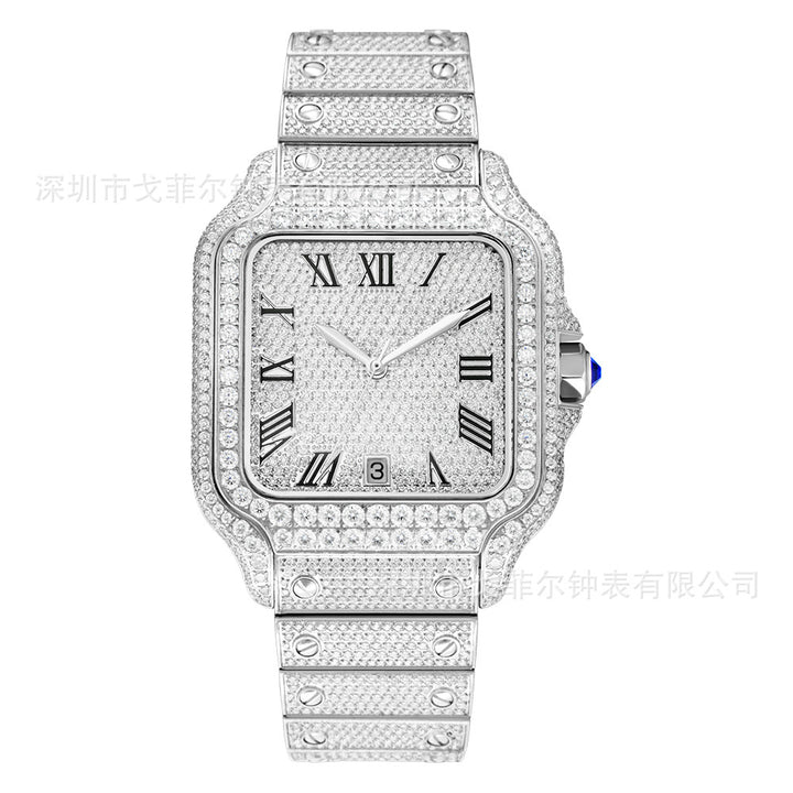 W009 40MM Full Iced Out Square Watch Diamond Studded Stainless Steel Case &amp; Metal Strap