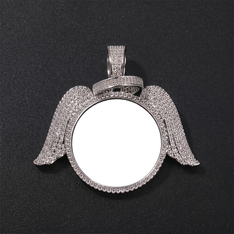 3D ZIRCON DIAMOND CIRCLE CUSTOM PICTURE PENDANT WITH ANGEL WINGS