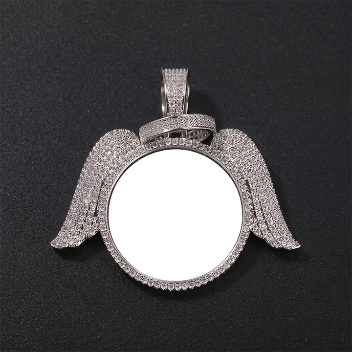 3D ZIRCON DIAMOND CIRCLE CUSTOM PICTURE PENDANT WITH ANGEL WINGS