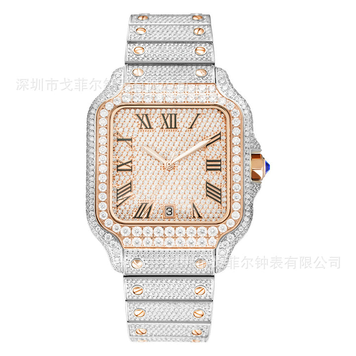 W009 40MM Full Iced Out Square Watch Diamond Studded Stainless Steel Case &amp; Metal Strap