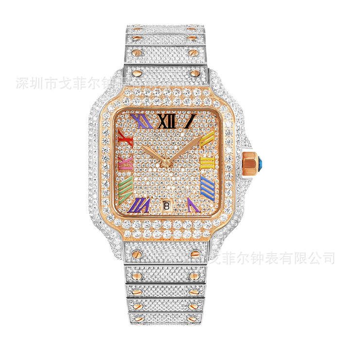 W008 40MM Moissanite Iced Out Square Watch Colorful Roman Numerals with Stainless Steel Metal Strap