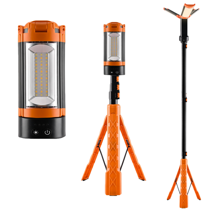 Rechargeable 10000mAh Camping Light with Stand 6.5 ft Max Height Cordless Work Light with 3 LED Lamp Heads 2200 Lumen Camping light