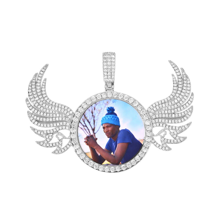 0730-Custom06 3D ZIRCON DIAMOND ANGEL WINGS CUSTOM PICTURE PENDANT WITH ROPE CHAIN