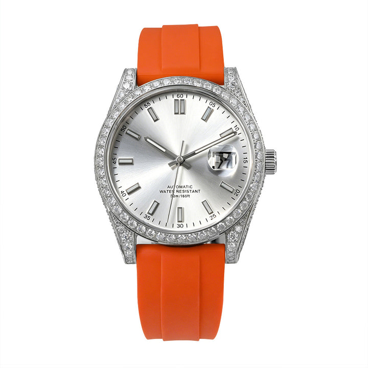 W005 40MM Luxury Automatic Watch with Diamond Bezel Stainless Steel Case &amp; Silicone Strap
