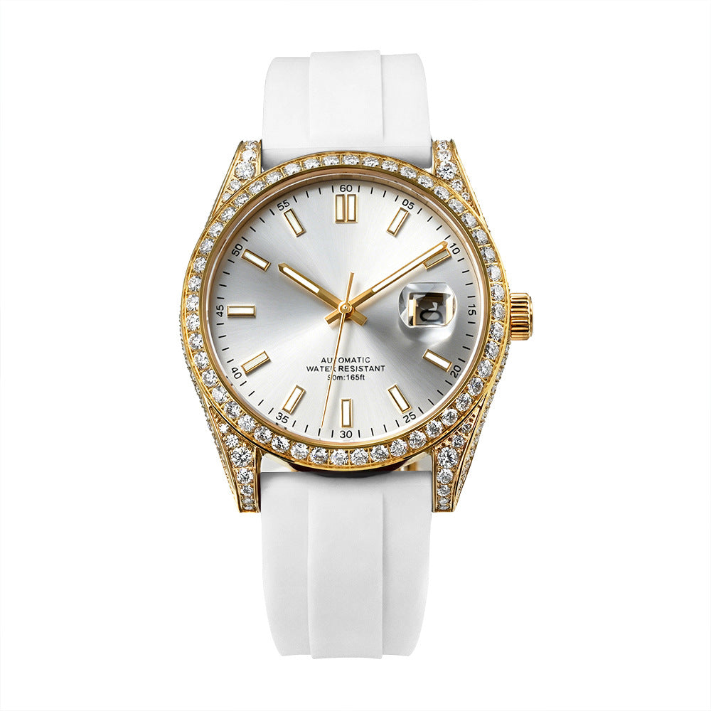 W005 40MM Luxury Automatic Watch with Diamond Bezel Stainless Steel Case &amp; Silicone Strap