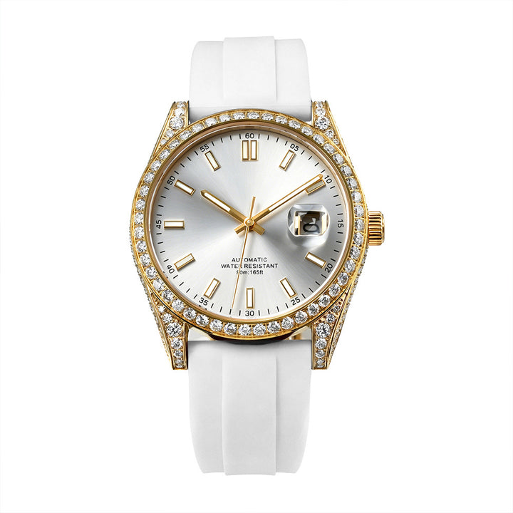 W005 40MM Luxury Automatic Watch with Diamond Bezel Stainless Steel Case &amp; Silicone Strap