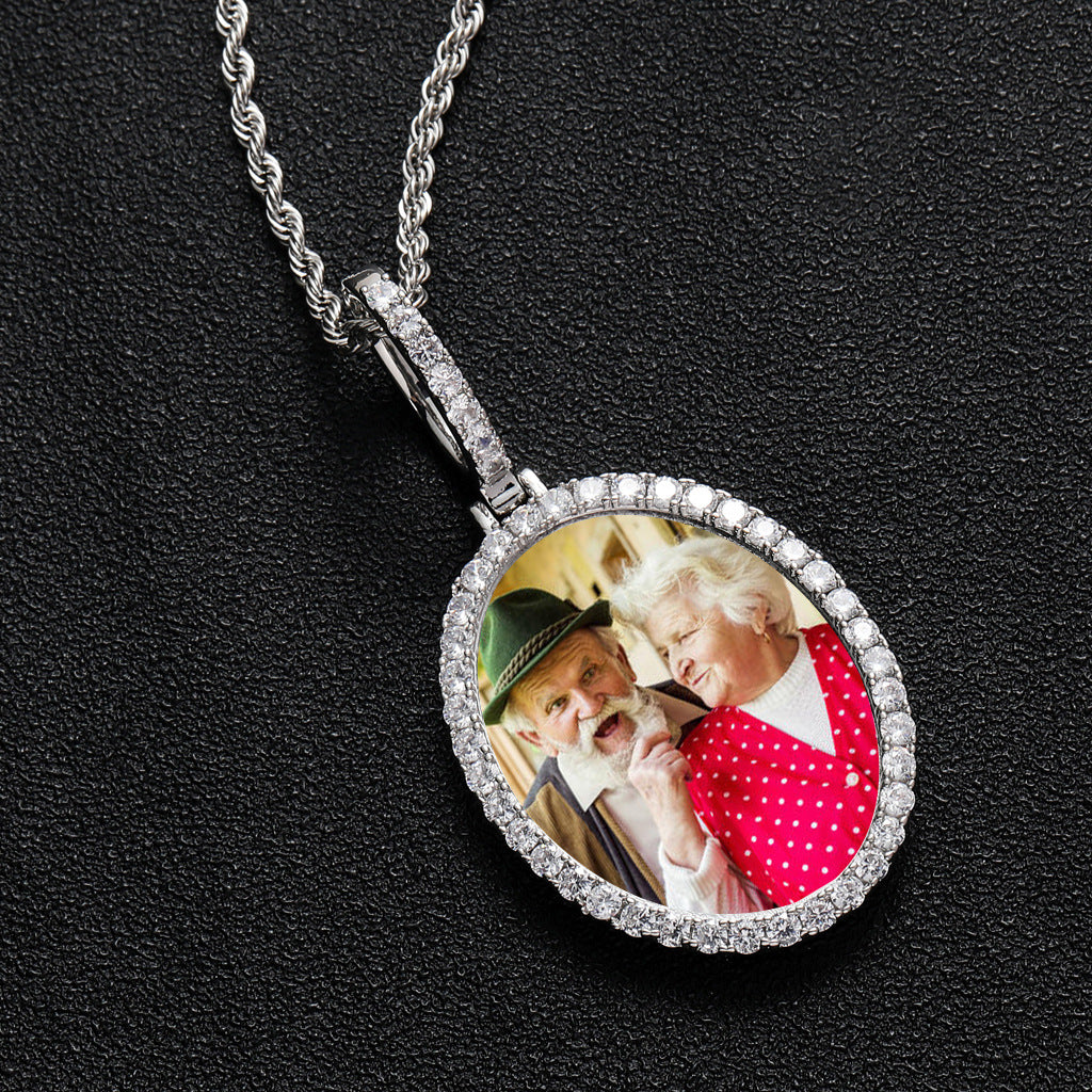 Custom CZ Iced Out Oval Photo Medallion Pendant 24" Rope Chain