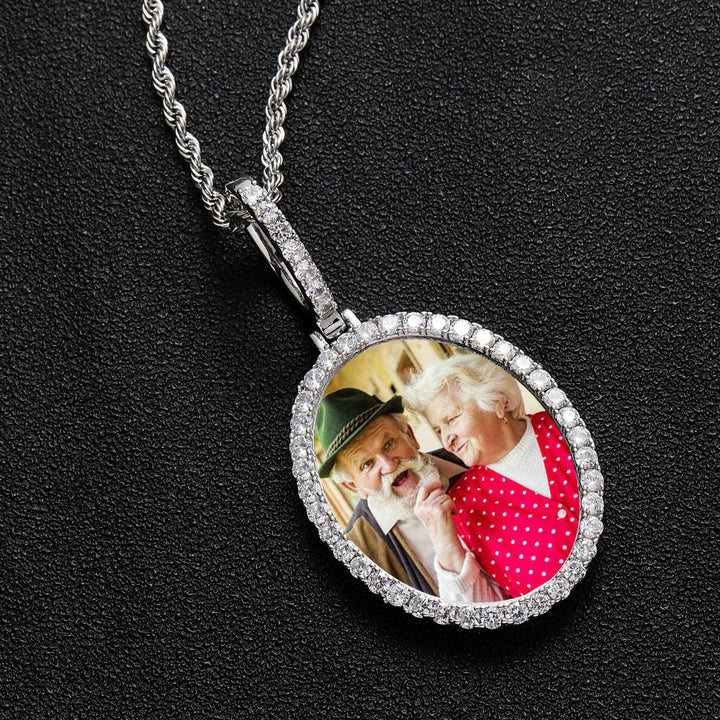 Custom CZ Iced Out Oval Photo Medallion Pendant 24" Rope Chain