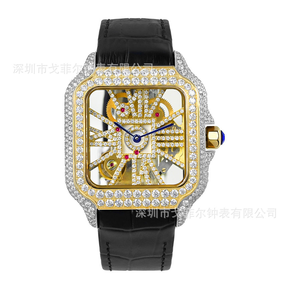 W002 40MM Moissanite Square Watch - Iced Out Pave Case Leather Strap