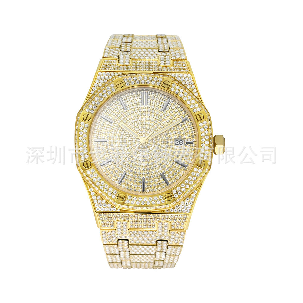 W007 42MM Moissanite Iced Out Octagonal Watch with Stainless Steel Metal Strap