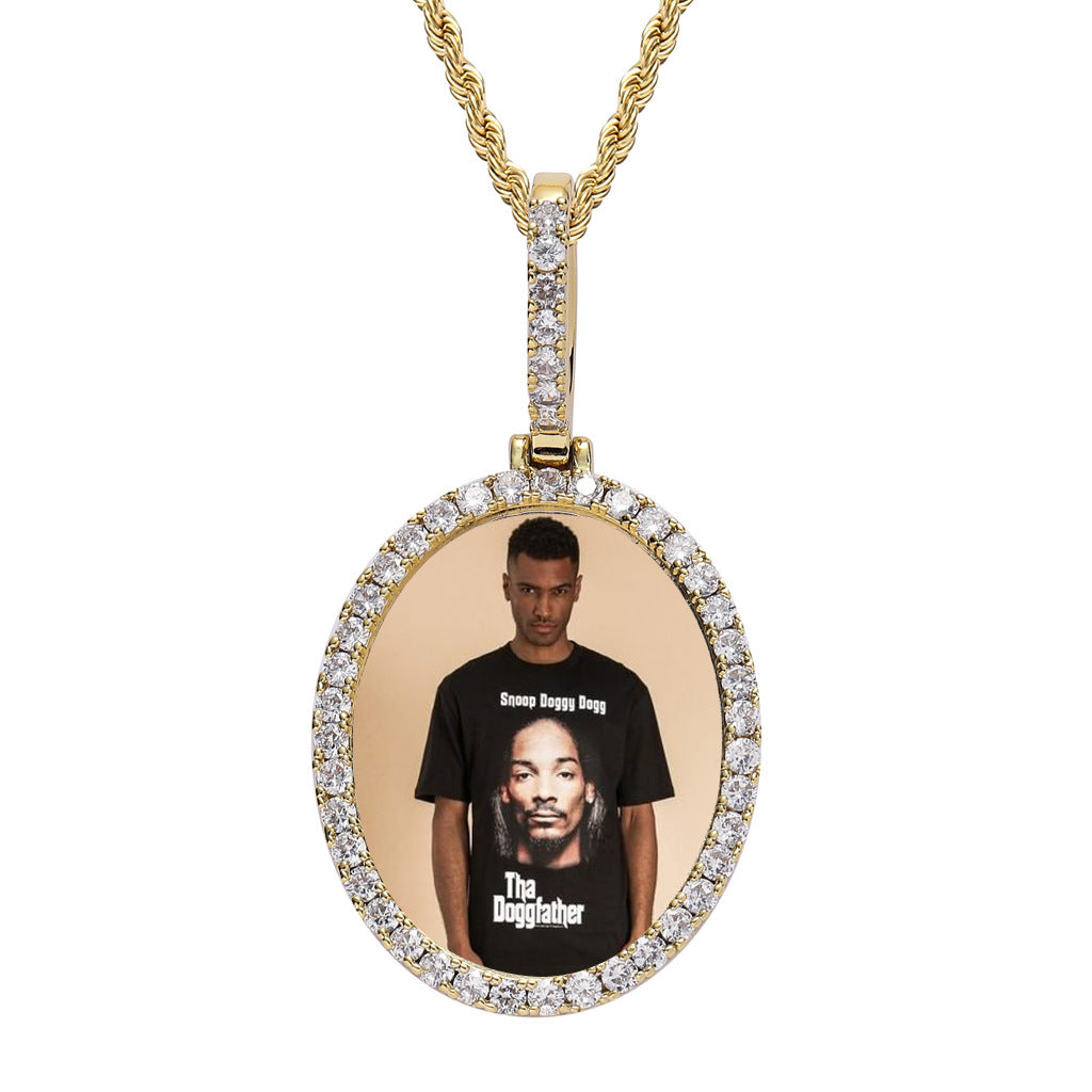 Custom CZ Iced Out Oval Photo Medallion Pendant 24" Rope Chain