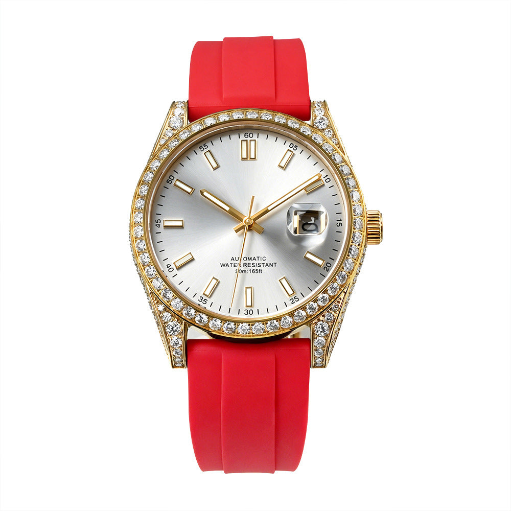 W005 40MM Luxury Automatic Watch with Diamond Bezel Stainless Steel Case &amp; Silicone Strap