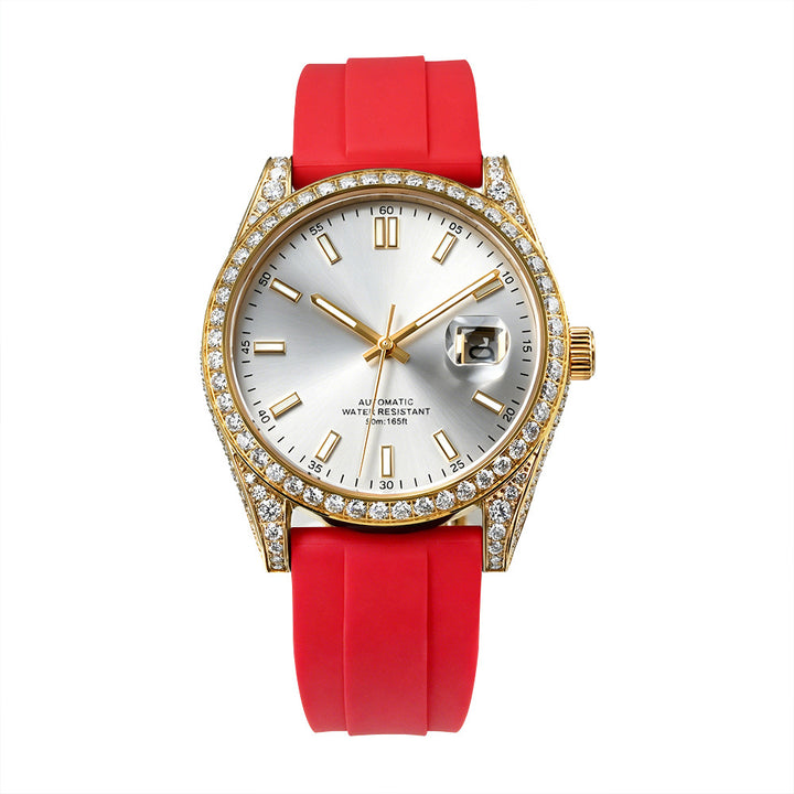 W005 40MM Luxury Automatic Watch with Diamond Bezel Stainless Steel Case &amp; Silicone Strap