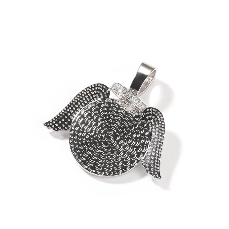3D ZIRCON DIAMOND CIRCLE CUSTOM PICTURE PENDANT WITH ANGEL WINGS